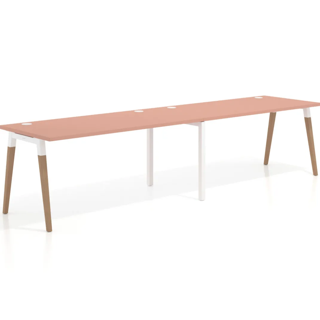 Mesa de oficina en continuidad Arki doble, patas de madera, fondo 80cm