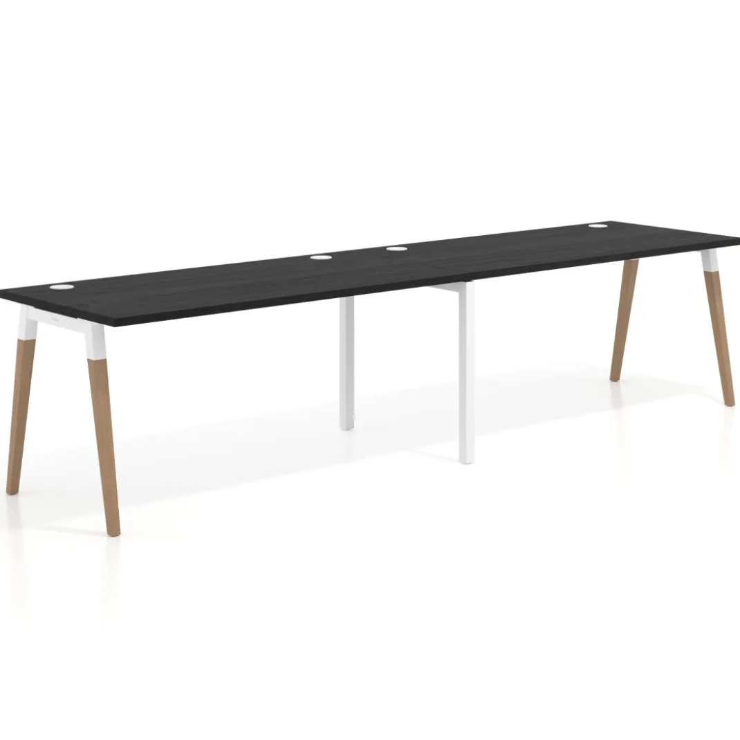 Mesa de oficina en continuidad Arki doble, patas de madera, fondo 80cm