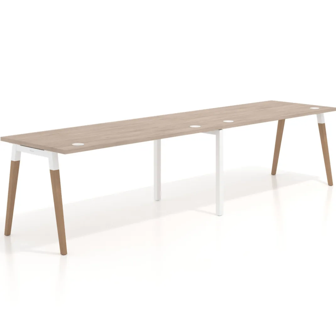 Mesa de oficina en continuidad Arki doble, patas de madera, fondo 80cm