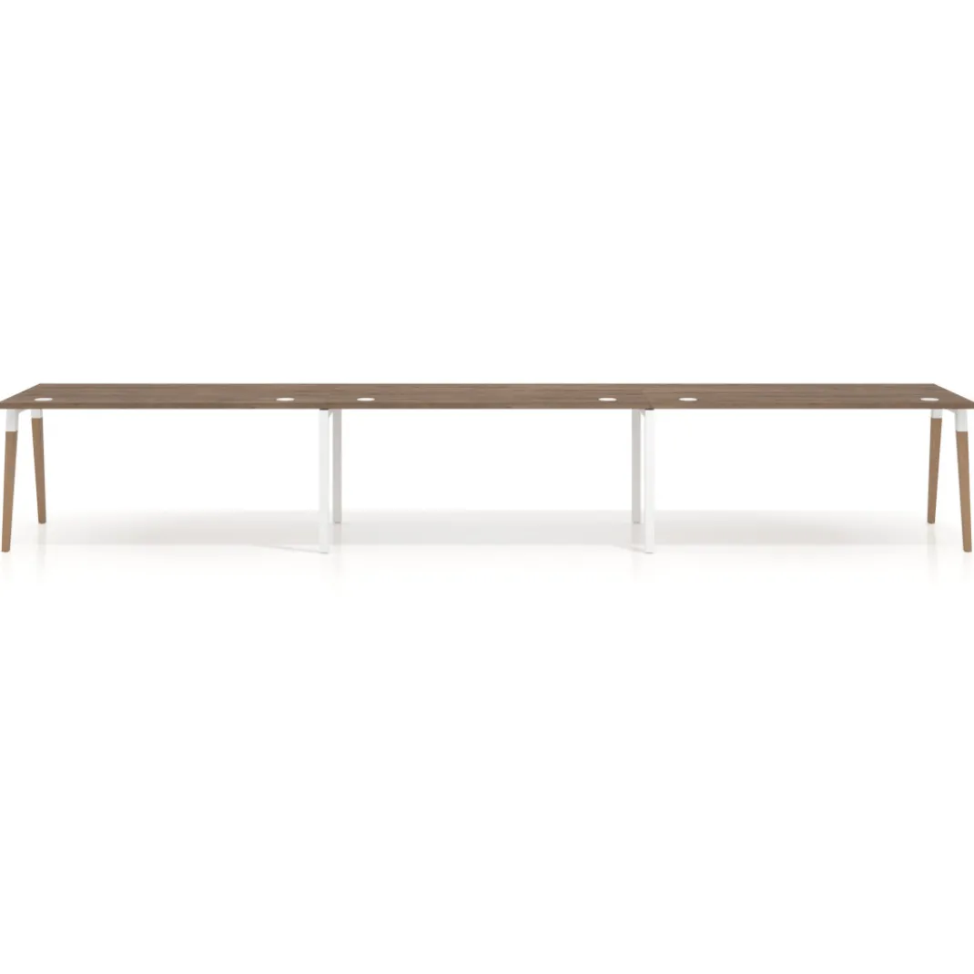 Mesa de oficina en continuidad Arki triple, patas de madera, fondo 80cm