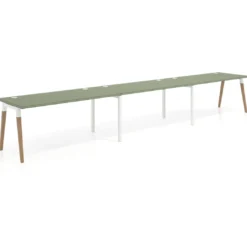 Mesa de oficina en continuidad Arki triple, patas de madera, fondo 80cm