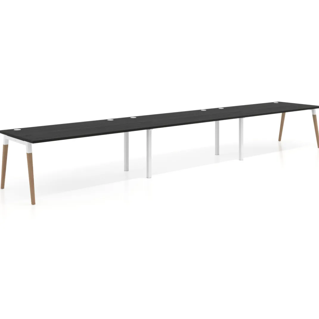 Mesa de oficina en continuidad Arki triple, patas de madera, fondo 100cm