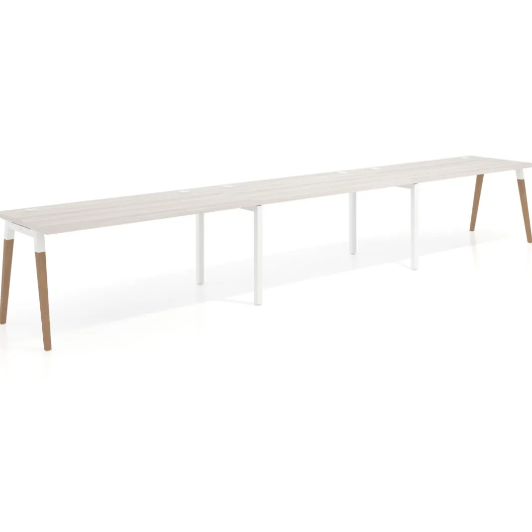 Mesa de oficina en continuidad Arki triple, patas de madera, fondo 80cm