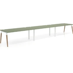 Mesa de oficina en continuidad Arki triple, patas de madera, fondo 100cm
