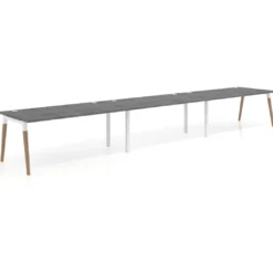 Mesa de oficina en continuidad Arki triple, patas de madera, fondo 100cm