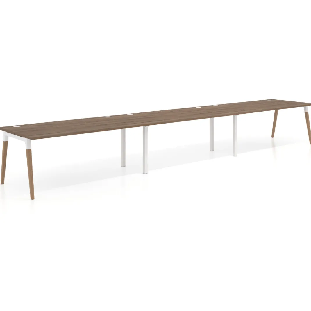 Mesa de oficina en continuidad Arki triple, patas de madera, fondo 100cm