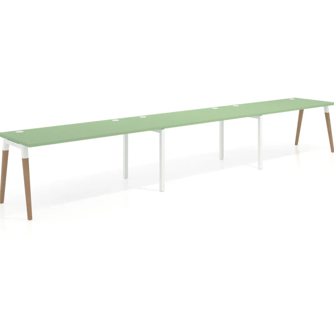 Mesa de oficina en continuidad Arki triple, patas de madera, fondo 80cm