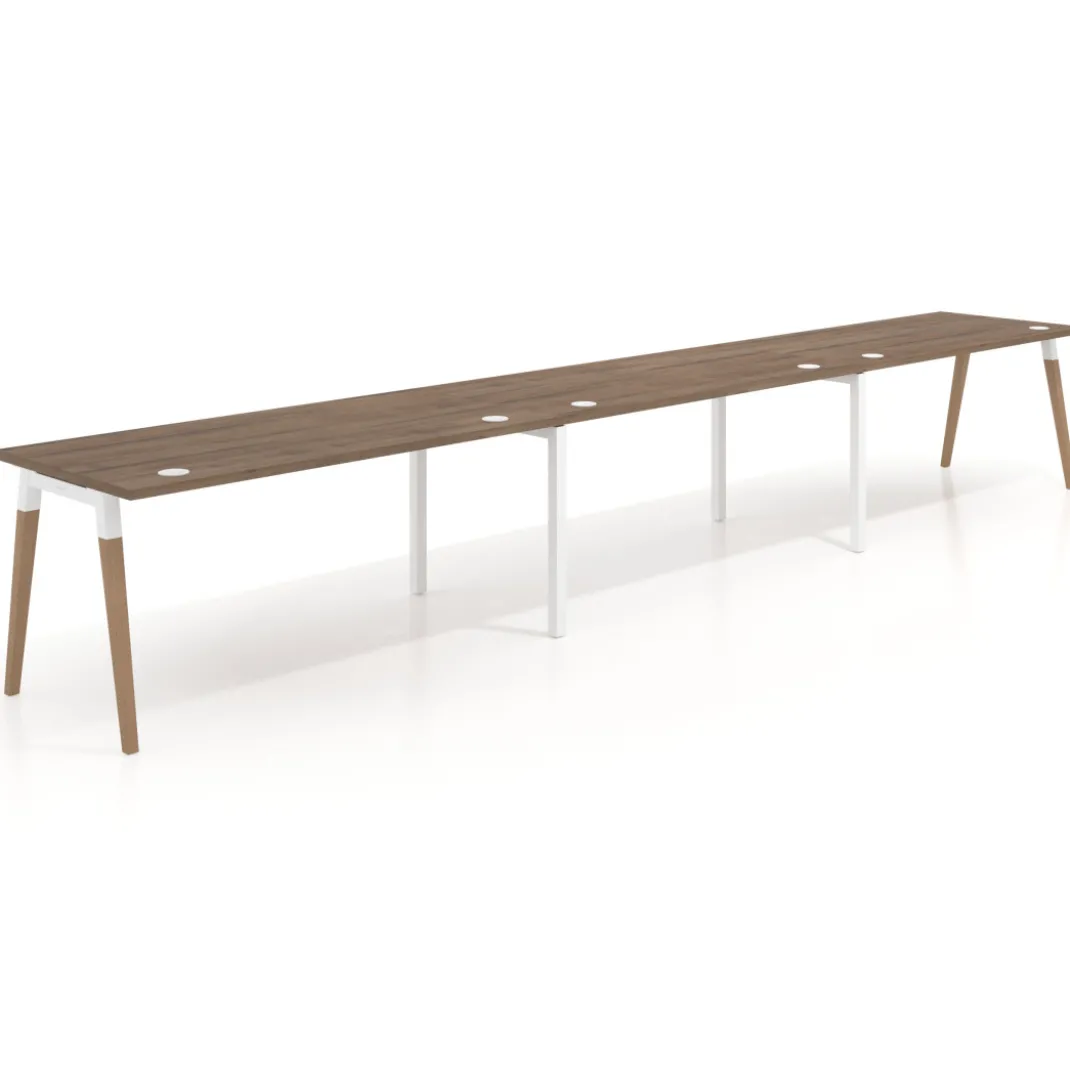 Mesa de oficina en continuidad Arki triple, patas de madera, fondo 80cm
