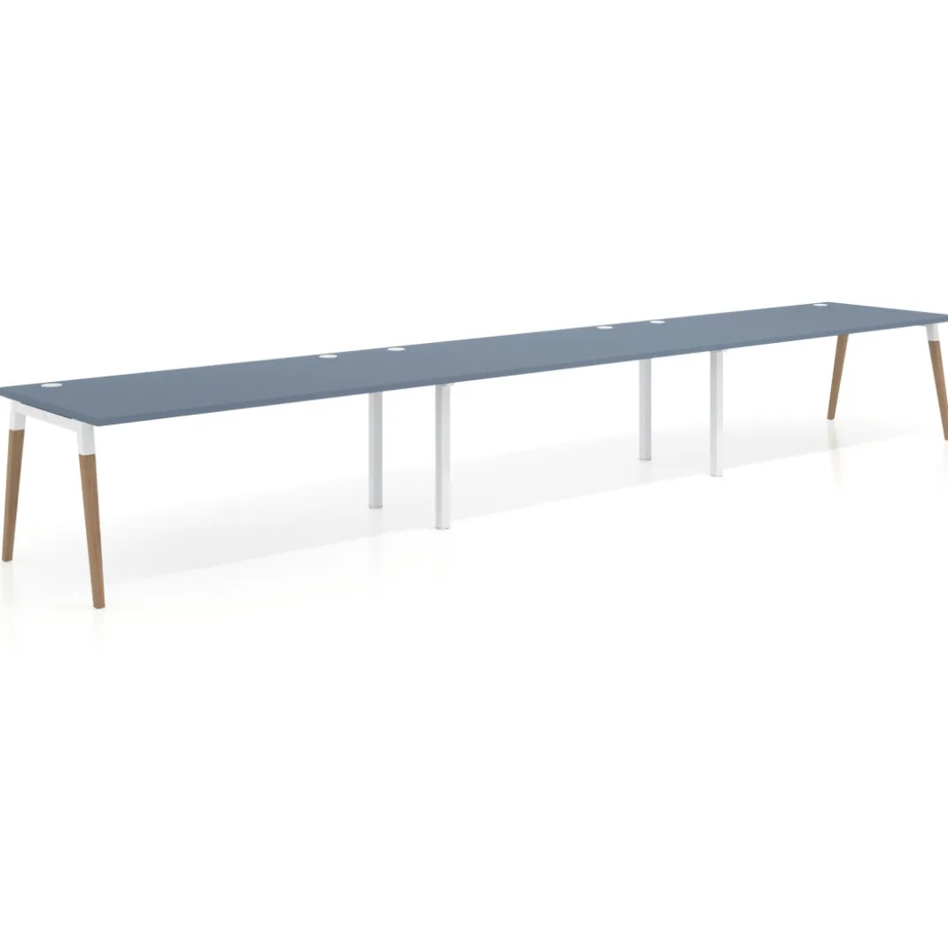 Mesa de oficina en continuidad Arki triple, patas de madera, fondo 100cm