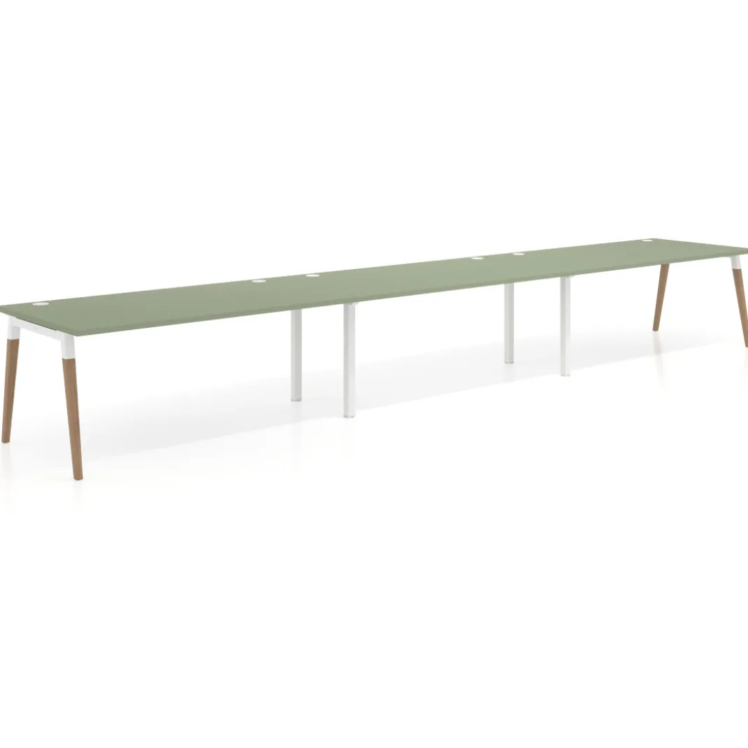 Mesa de oficina en continuidad Arki triple, patas de madera, fondo 100cm