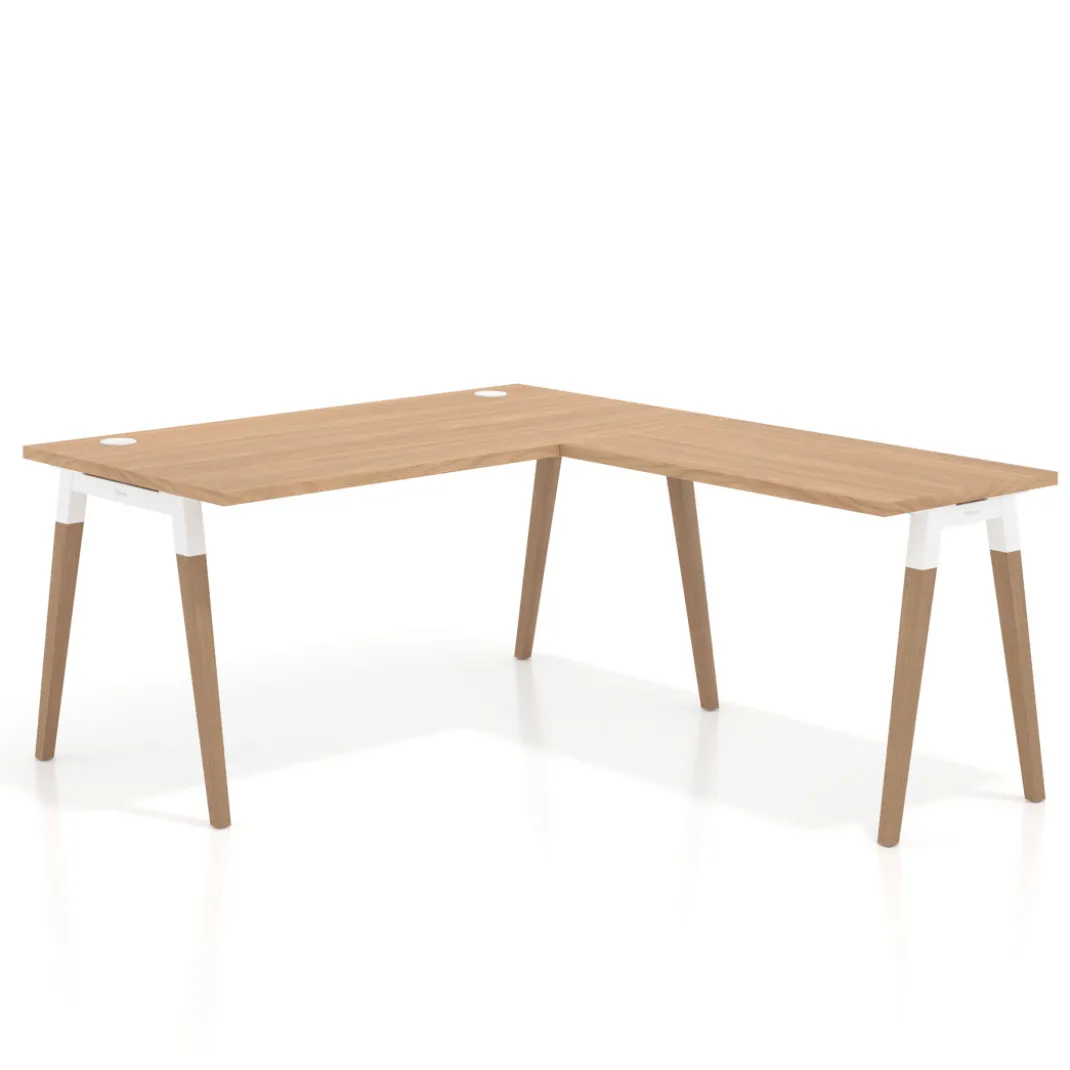 Mesa de oficina en L Arki fondo 80cm con ala, patas de madera
