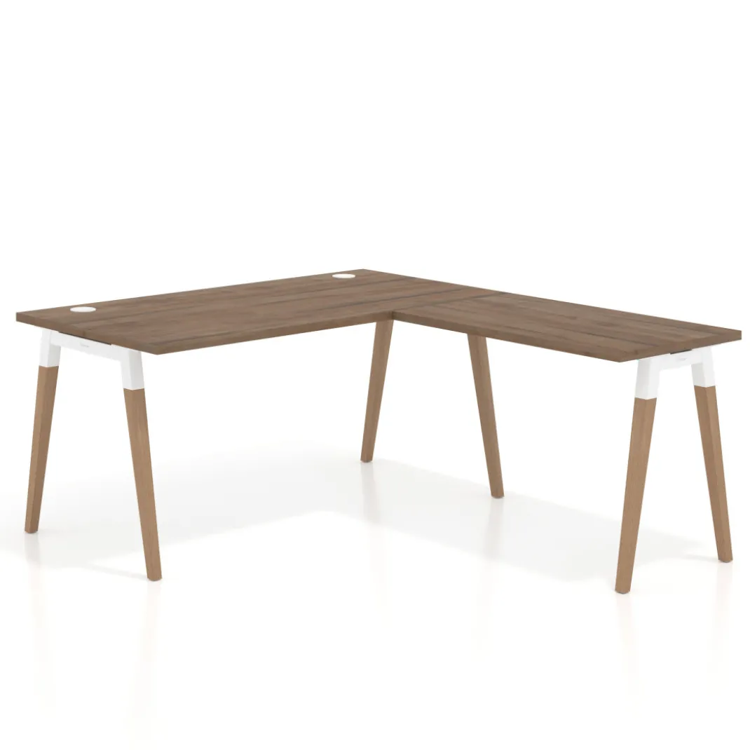 Mesa de oficina en L Arki fondo 80cm con ala, patas de madera