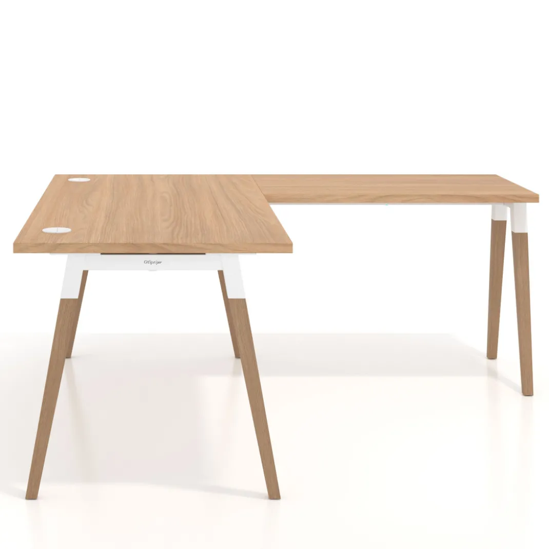Mesa de oficina en L Arki fondo 80cm con ala, patas de madera