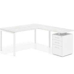 Mesa de oficina en L con cajones Kube fondo 80, frontales metal, estructura blanca