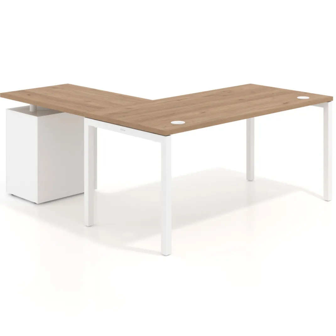 Mesa de oficina en L con cajones Kube fondo 80, frontales metal, estructura blanca