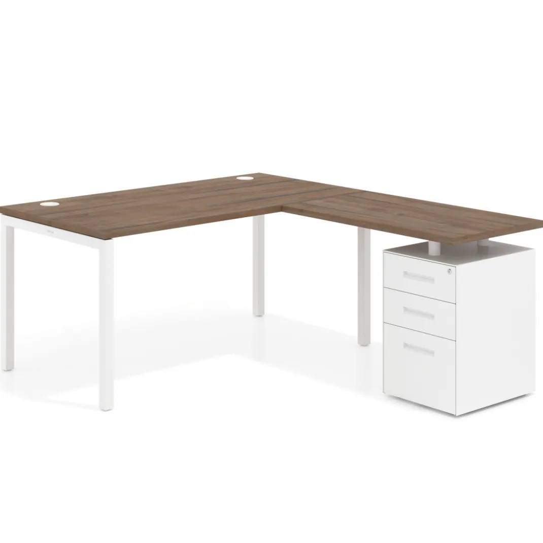 Mesa de oficina en L con cajones Kube fondo 80, frontales metal, estructura blanca