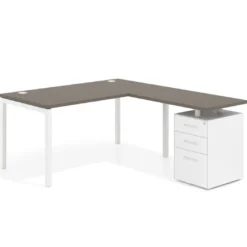 Mesa de oficina en L con cajones Kube fondo 80, frontales metal, estructura blanca