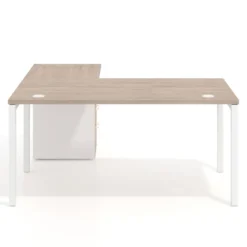 Mesa de oficina en L con cajones Kube fondo 80, ala corta, frontales melamina, estructura blanca