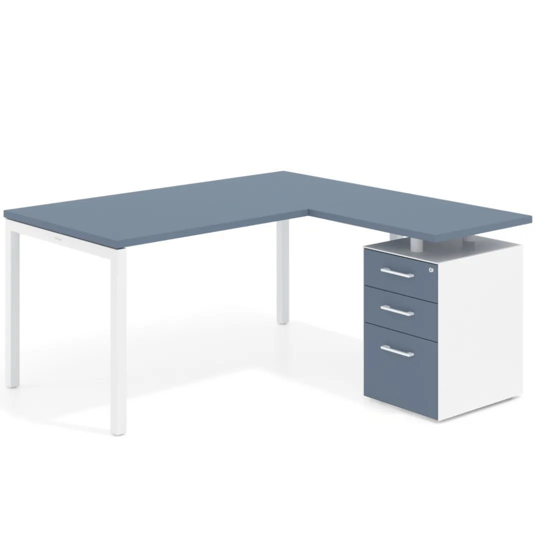 Mesa de oficina en L con cajones Kube fondo 80, ala corta, frontales melamina, estructura blanca