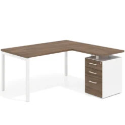 Mesa de oficina en L con cajones Kube fondo 80, ala corta, frontales melamina, estructura blanca