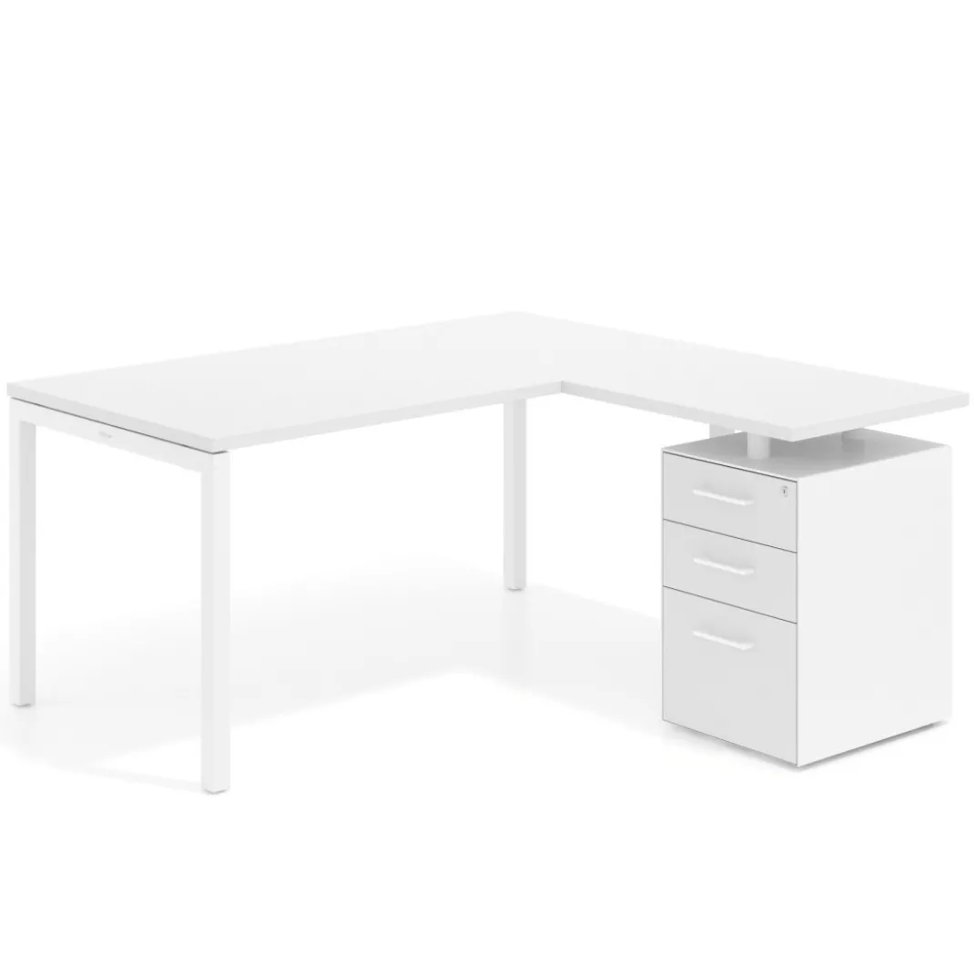 Mesa de oficina en L con cajones Kube fondo 80, ala corta, frontales melamina, estructura blanca