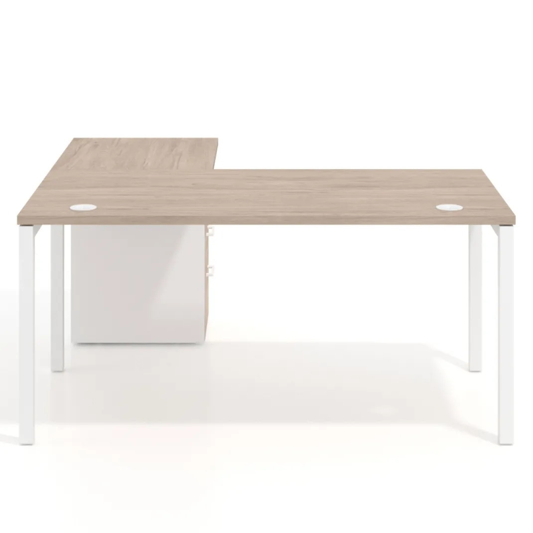 Mesa de oficina en L con cajones Kube fondo 80, ala corta, frontales melamina, estructura blanca