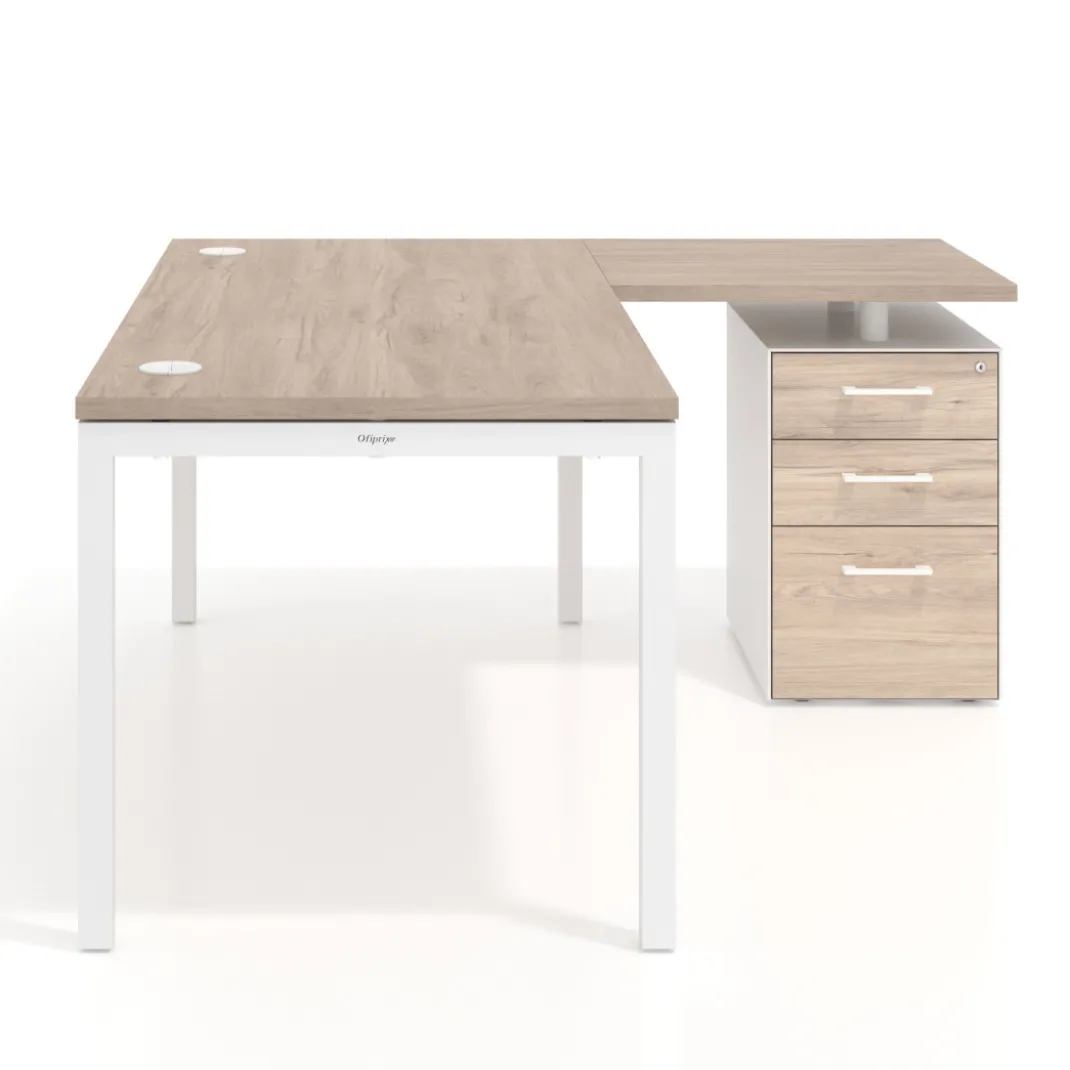 Mesa de oficina en L con cajones Kube fondo 80, ala corta, frontales melamina, estructura blanca
