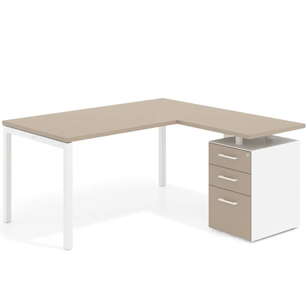 Mesa de oficina en L con cajones Kube fondo 80, ala corta, frontales melamina, estructura blanca