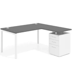 Mesa de oficina en L con cajones Kube fondo 80, ala corta, frontales metal, estructura blanca