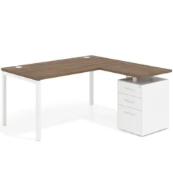 Mesa de oficina en L con cajones Kube fondo 80, ala corta, frontales metal, estructura blanca