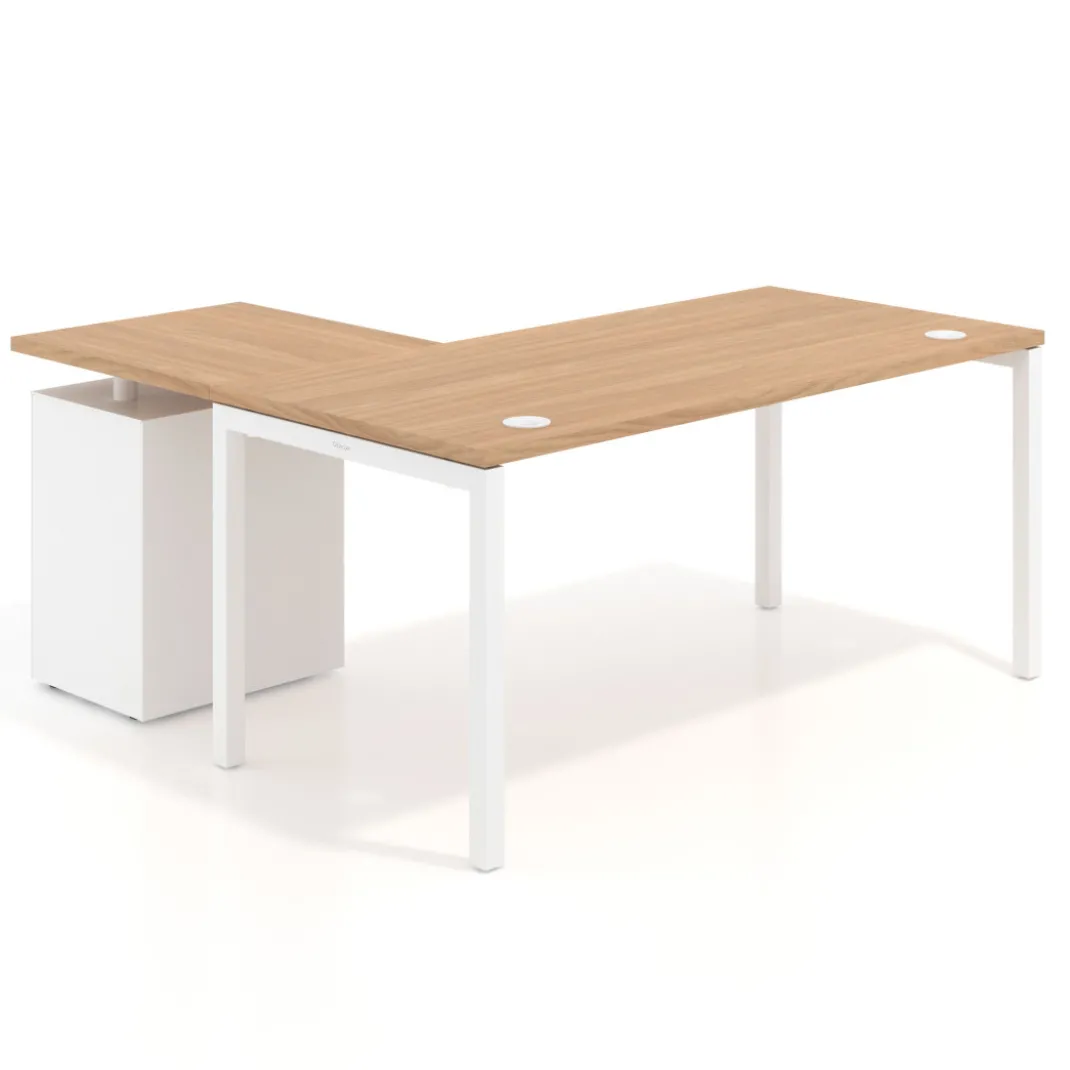 Mesa de oficina en L con cajones Kube fondo 80, ala corta, frontales metal, estructura blanca