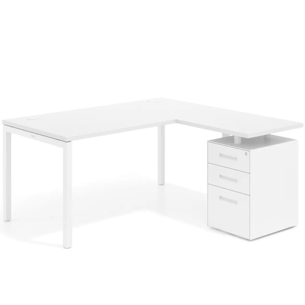 Mesa de oficina en L con cajones Kube fondo 80, ala corta, frontales metal, estructura blanca