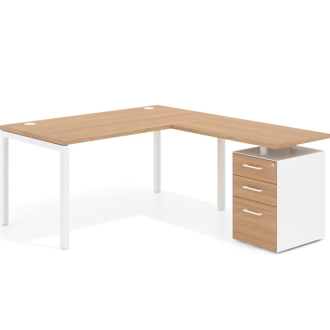 Mesa de oficina en L con cajones Kube fondo 80, frontales melamina, estructura blanca