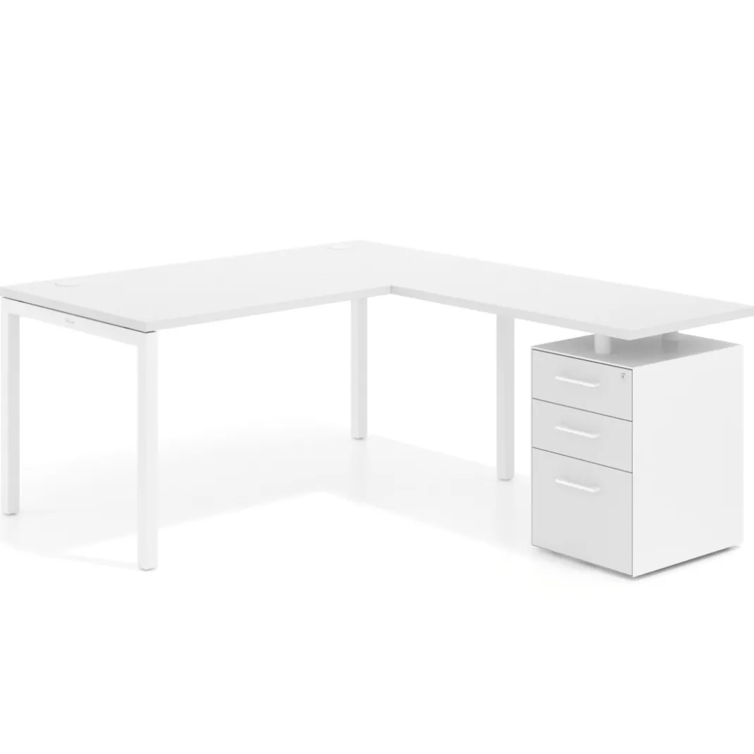 Mesa de oficina en L con cajones Kube fondo 80, frontales melamina, estructura blanca