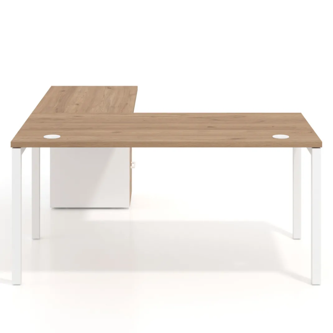 Mesa de oficina en L con cajones Kube fondo 80, frontales melamina, estructura blanca