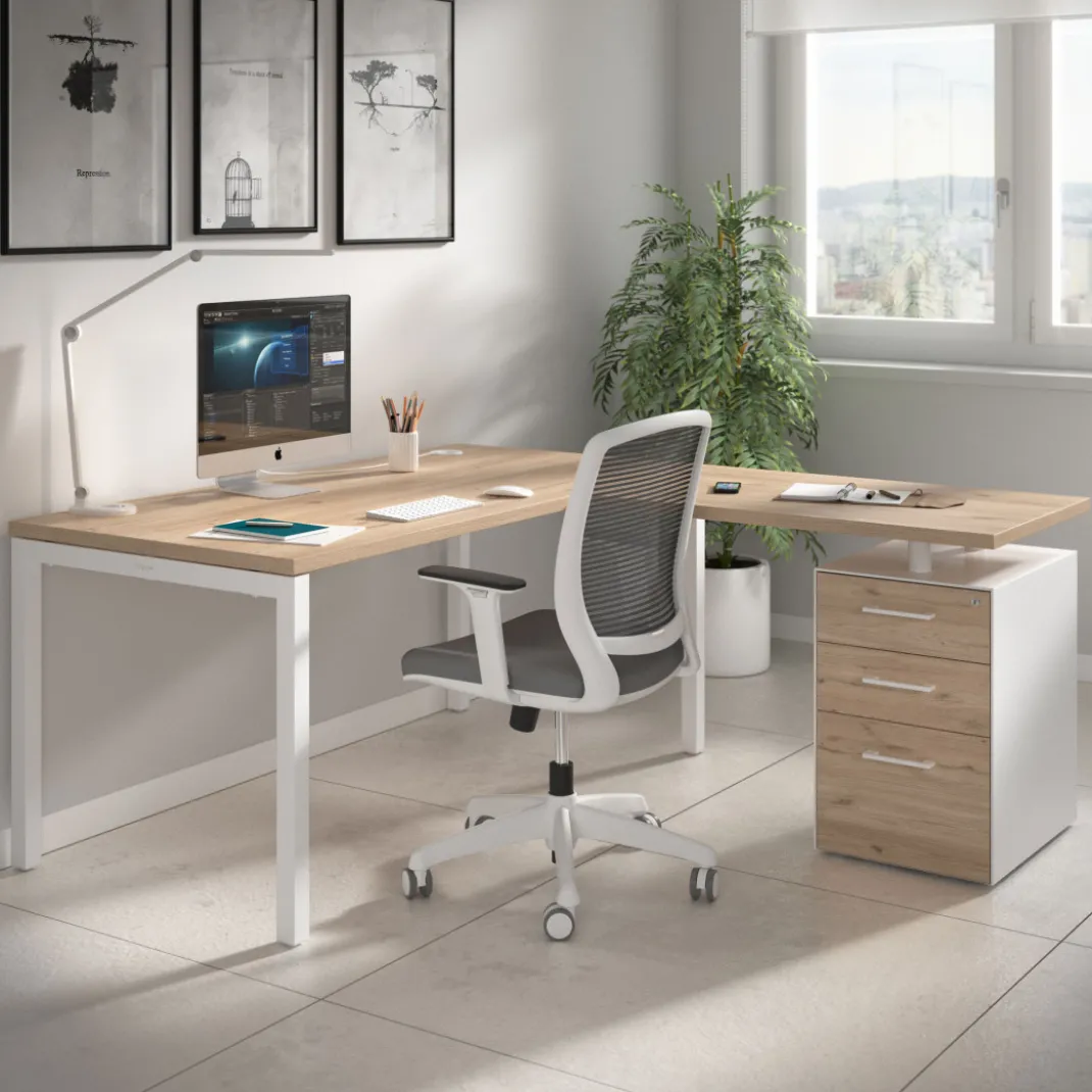 Mesa de oficina en L con cajones Kube fondo 80, frontales melamina, estructura blanca