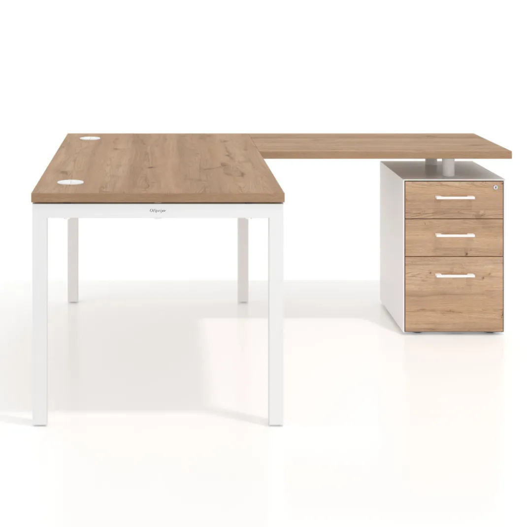 Mesa de oficina en L con cajones Kube fondo 80, frontales melamina, estructura blanca