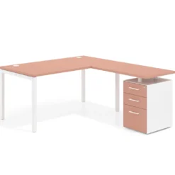 Mesa de oficina en L con cajones Kube fondo 80, frontales melamina, estructura blanca