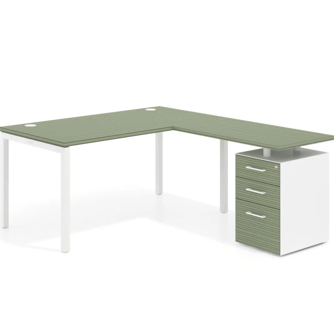 Mesa de oficina en L con cajones Kube fondo 80, frontales melamina, estructura blanca