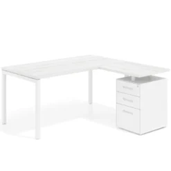 Mesa de oficina en L con cajones Kube fondo 80, ala corta, frontales metal, estructura blanca