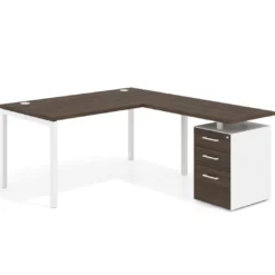 Mesa de oficina en L con cajones Kube fondo 80, frontales melamina, estructura blanca