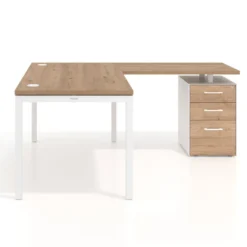 Mesa de oficina en L con cajones Kube fondo 80, frontales melamina, estructura blanca