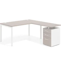 Mesa de oficina en L con cajones Kube fondo 80, frontales melamina, estructura blanca