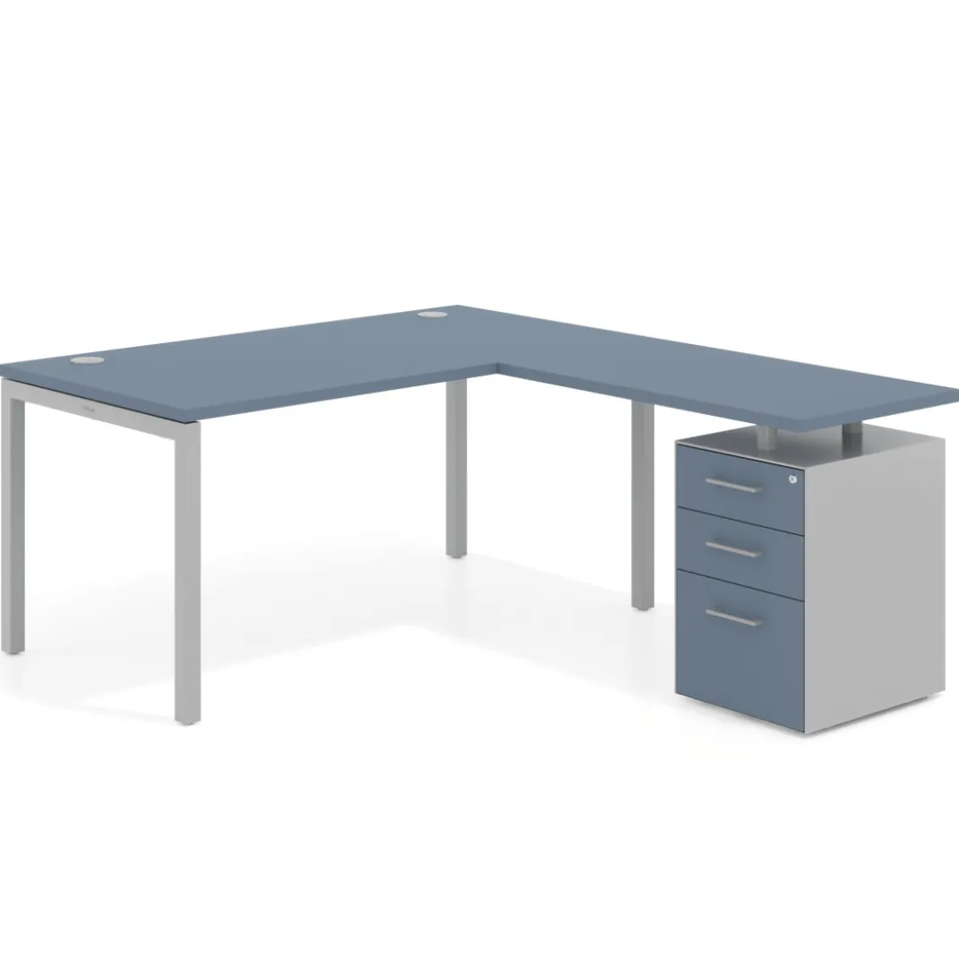 Mesa de oficina en L con cajones Kube fondo 80, frontales melamina, estructura aluminio