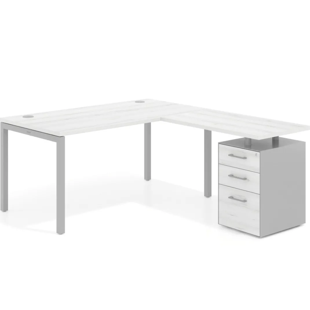 Mesa de oficina en L con cajones Kube fondo 80, frontales melamina, estructura aluminio