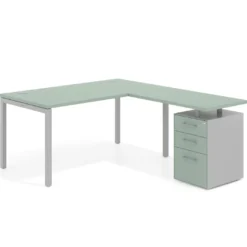 Mesa de oficina en L con cajones Kube fondo 80, frontales melamina, estructura aluminio