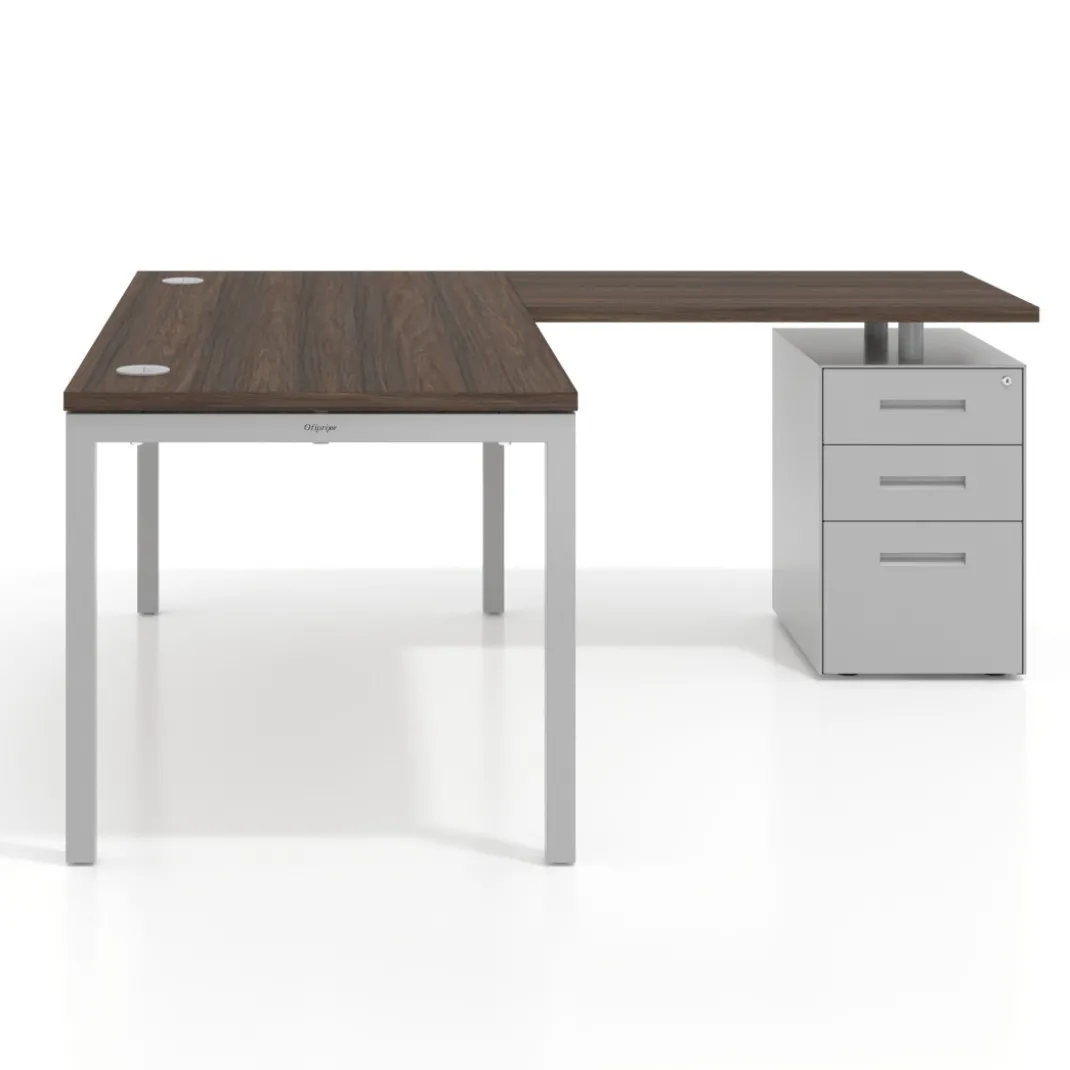 Mesa de oficina en L con cajones Kube fondo 80, frontales metal, estructura aluminio