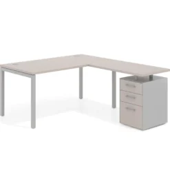 Mesa de oficina en L con cajones Kube fondo 80, frontales melamina, estructura aluminio
