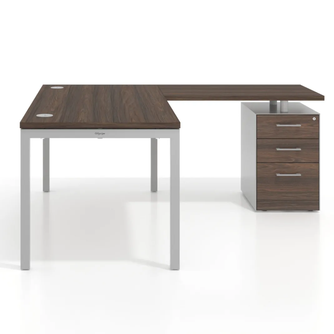 Mesa de oficina en L con cajones Kube fondo 80, frontales melamina, estructura aluminio