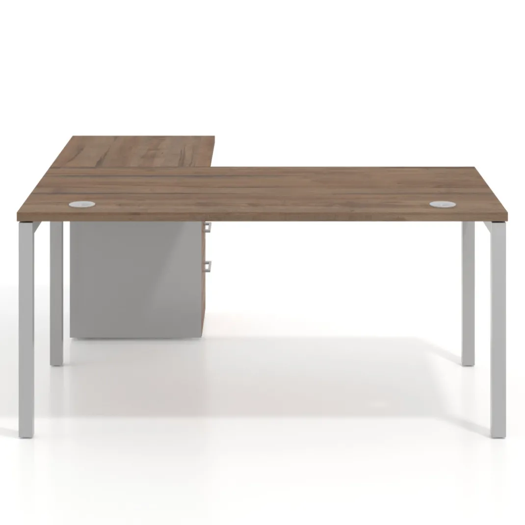 Mesa de oficina en L con cajones Kube fondo 80, ala corta, frontales melamina, estructura aluminio